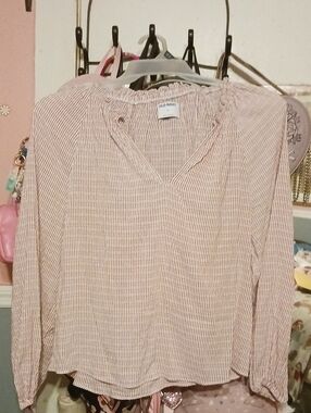 Old Navy Pink and White Striped Long-Sleeve Peasant Blouse